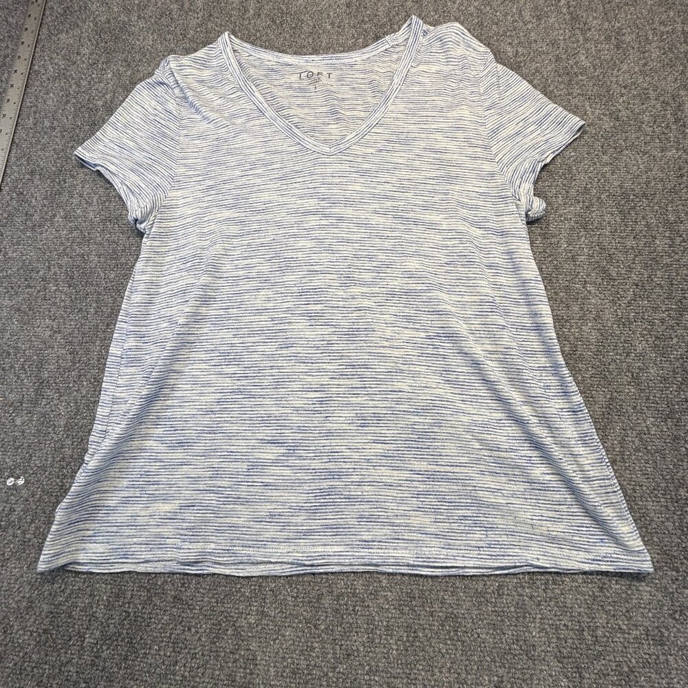 LOFT Blue White Space Dye Stripe Knit Tee Women's L Short Sleeve V Neck Top